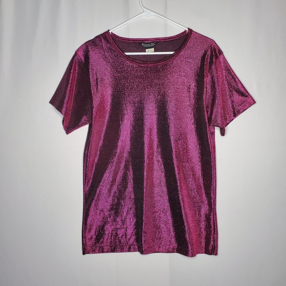 Riccardo Shirtmaker Vtg 80s Metallic‎ T-Shirt Magenta Disco Glam Party Going-Out